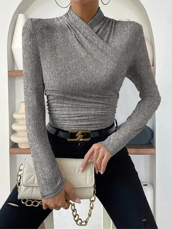 Long Sleeve Slim Fit Pleat Detail Mock Neck T-Shirt