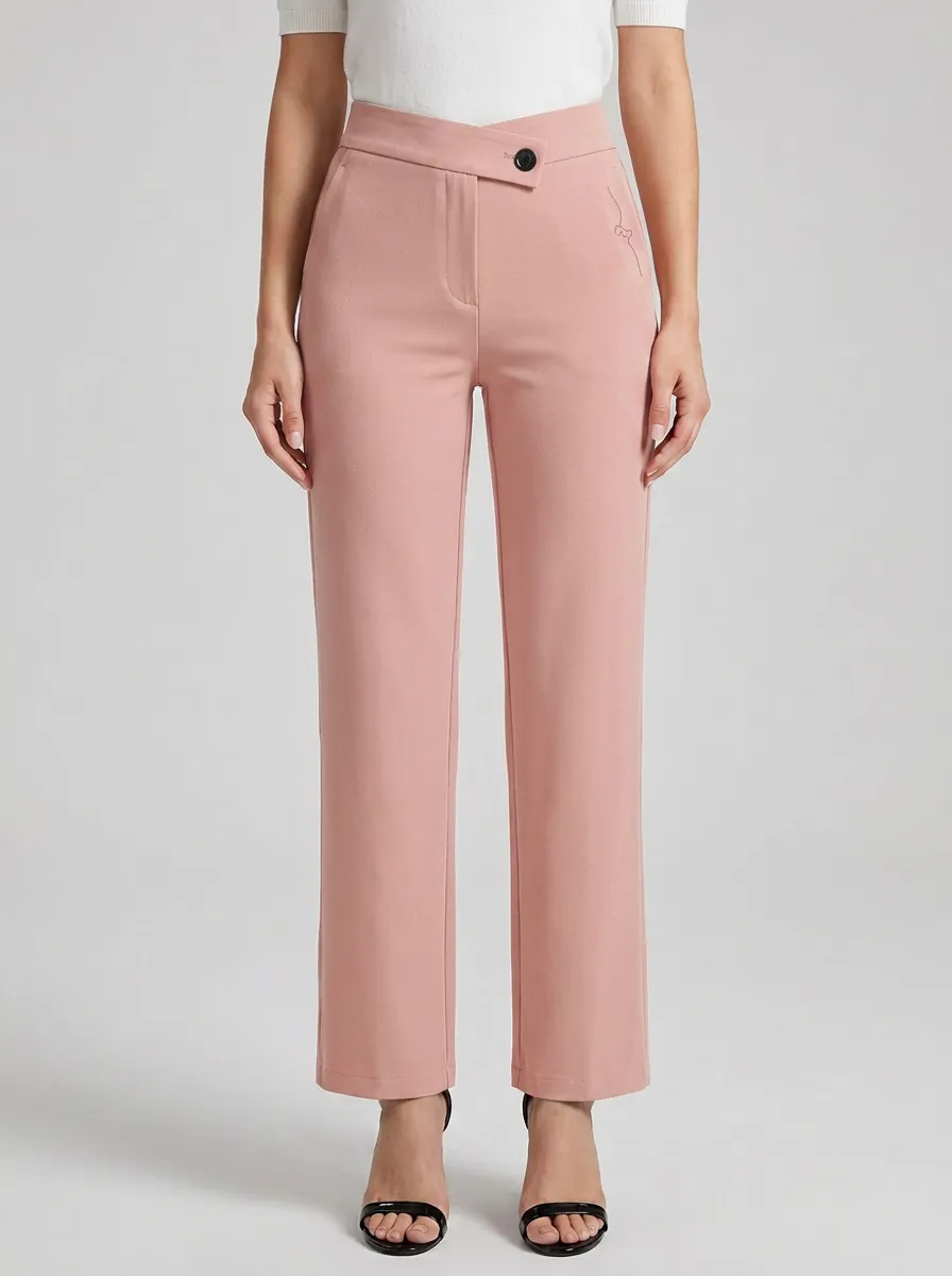Women's Classic Comfort Asymmetric Waist Mid Rise Straight Leg Pants