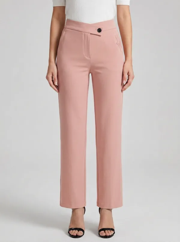Women's Classic Comfort Asymmetric Waist Mid Rise Straight Leg Pants