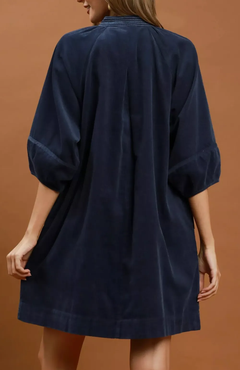 V-Neck Puff Sleeve Shift Corduroy Dress