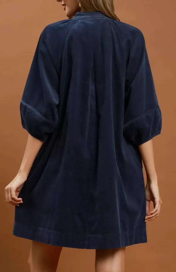 V-Neck Puff Sleeve Shift Corduroy Dress