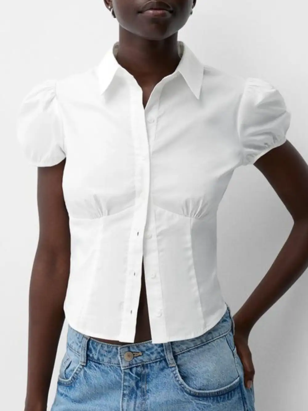 Puff-Sleeve Striped Buttoned Shirt