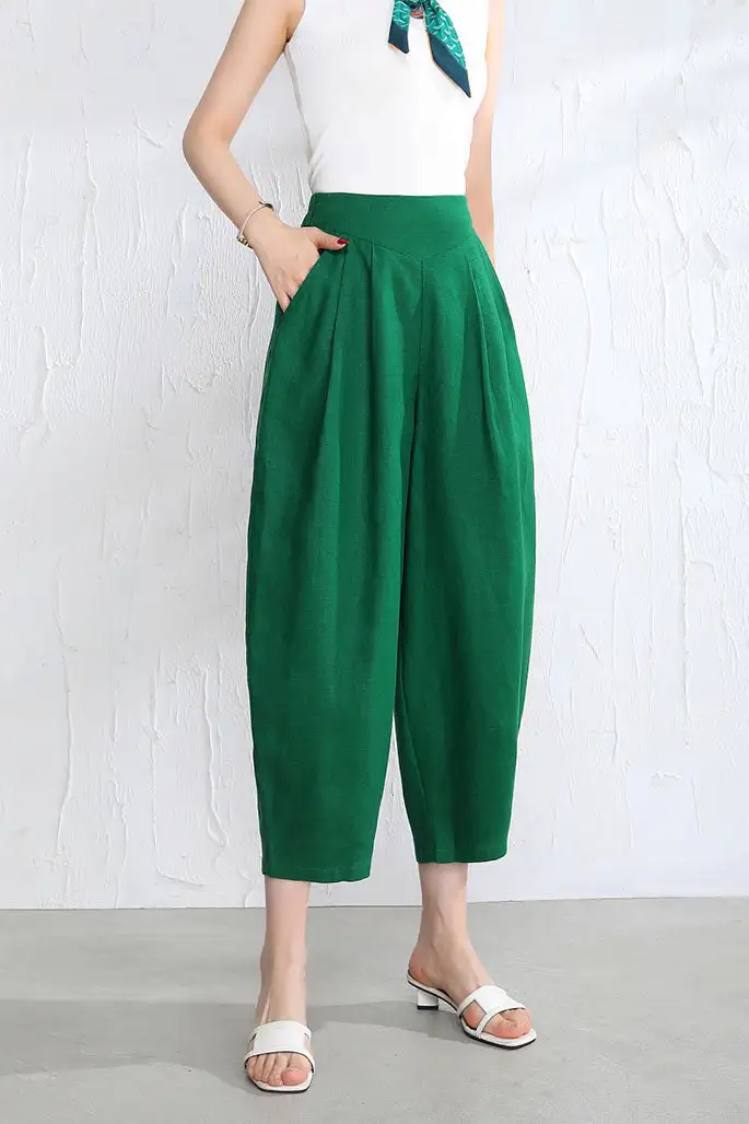 Contemporary Linen Wide Leg Elastic Waist Pocketed Trousers