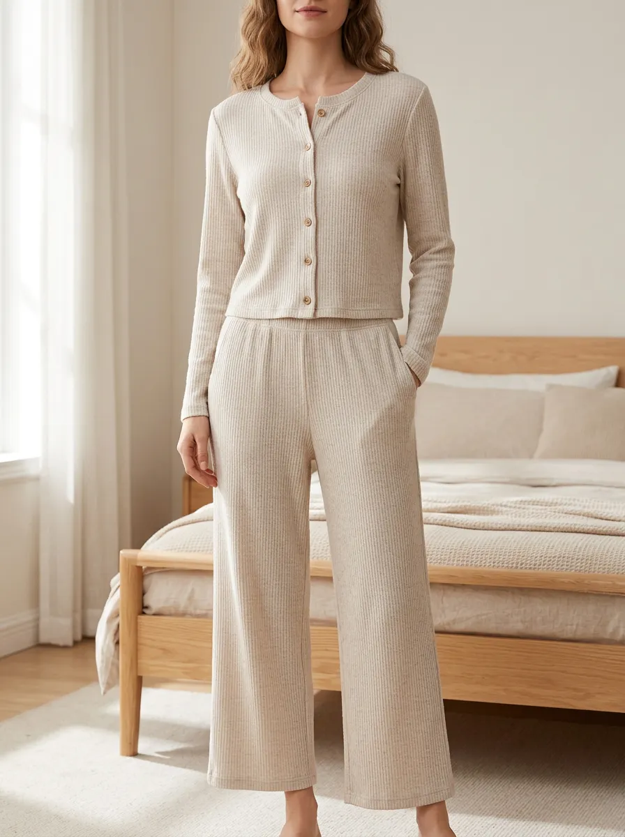 Women's Casual Lounge Beige Ribbed Button-Down Pajama Set