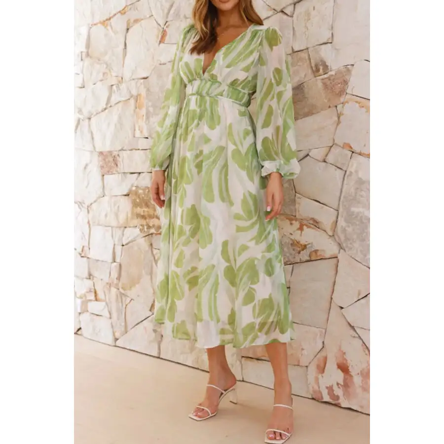 Printed V-neck Long Sleeve Midi Dress