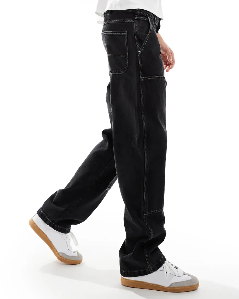 Baggy Fit Double Knee Denim Jeans In Sashed Black