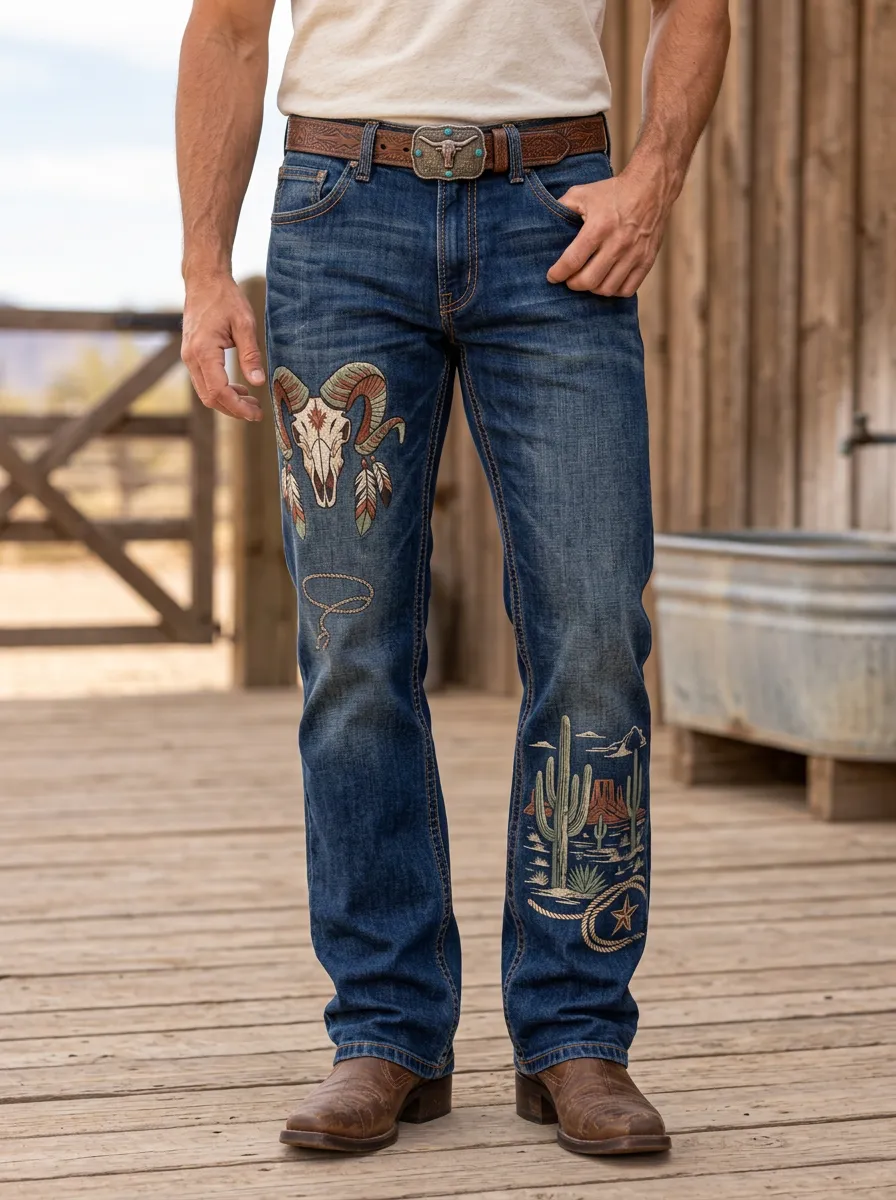 Men's Classic Western Cowboy Cactus Skull Jeans