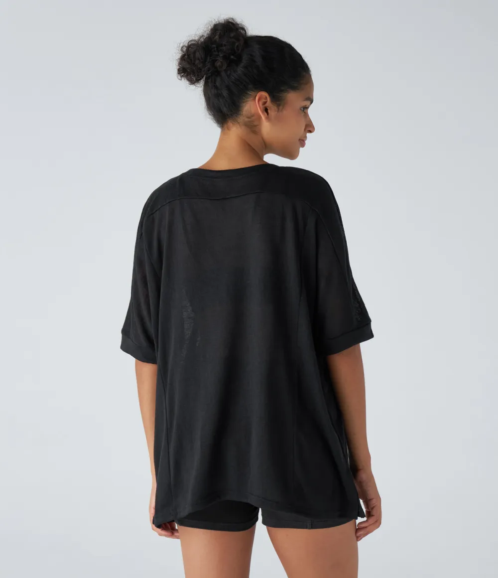 Asymmetric Split Hem Sheer Oversize Casual Top