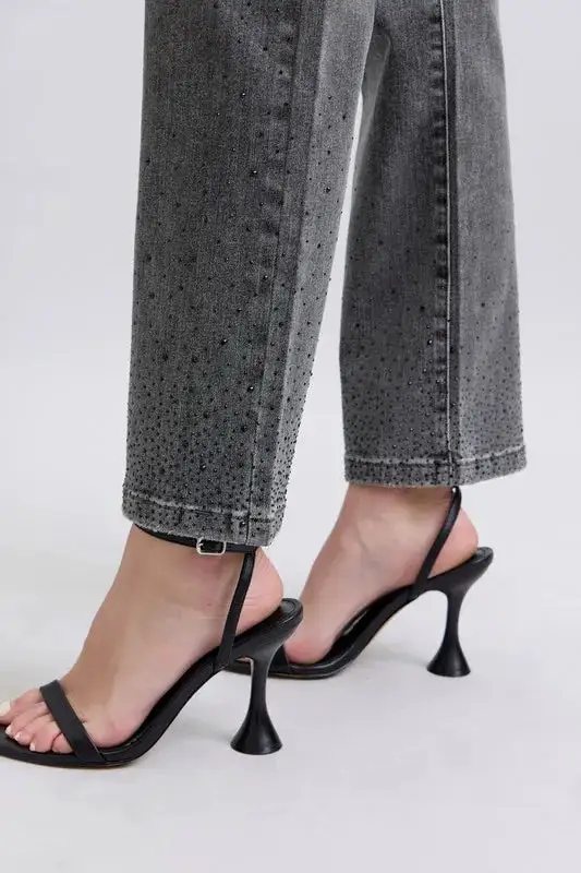 High Waist Rhinestone Straight Plus Denim Jeans