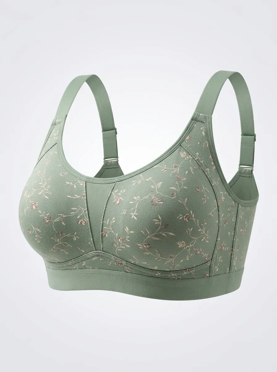 Women's Plus Size Sage Green Floral Full-Coverage Wide-Strap Wireless Sports Bra