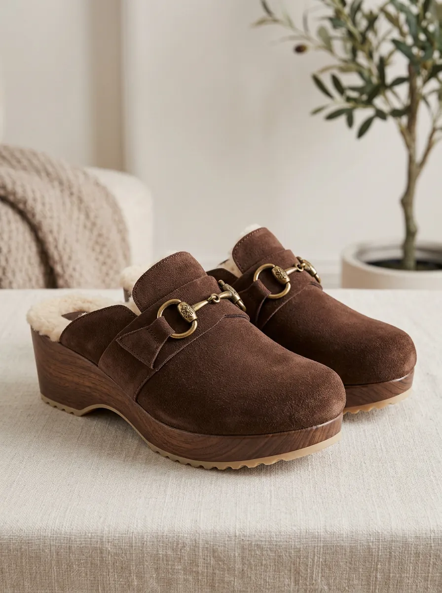 Women's Classic Faux Fur Lined Metal Detail Clog Style Suede Wood Sole Loafers