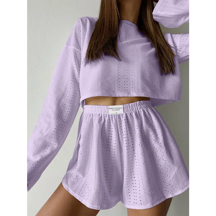 Relaxed Eyelet Round Neck Top and Shorts Set