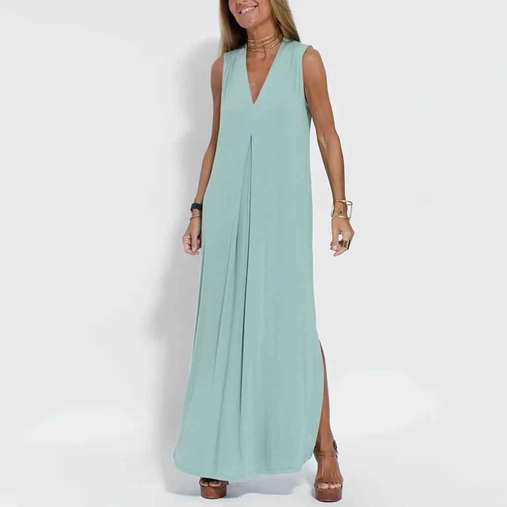 V-Neck Sleeveless Wrap Maxi Dress
