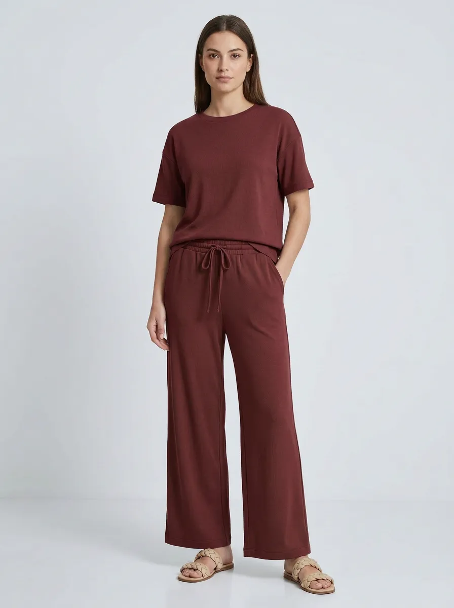 Women's Ribbed Drop-Shoulder Crewneck Top And Drawstring Wide-Leg Trouser Lounge Set