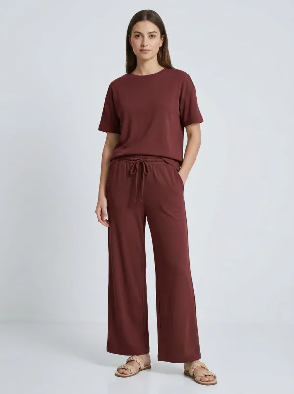 Women's Ribbed Drop-Shoulder Crewneck Top And Drawstring Wide-Leg Trouser Lounge Set