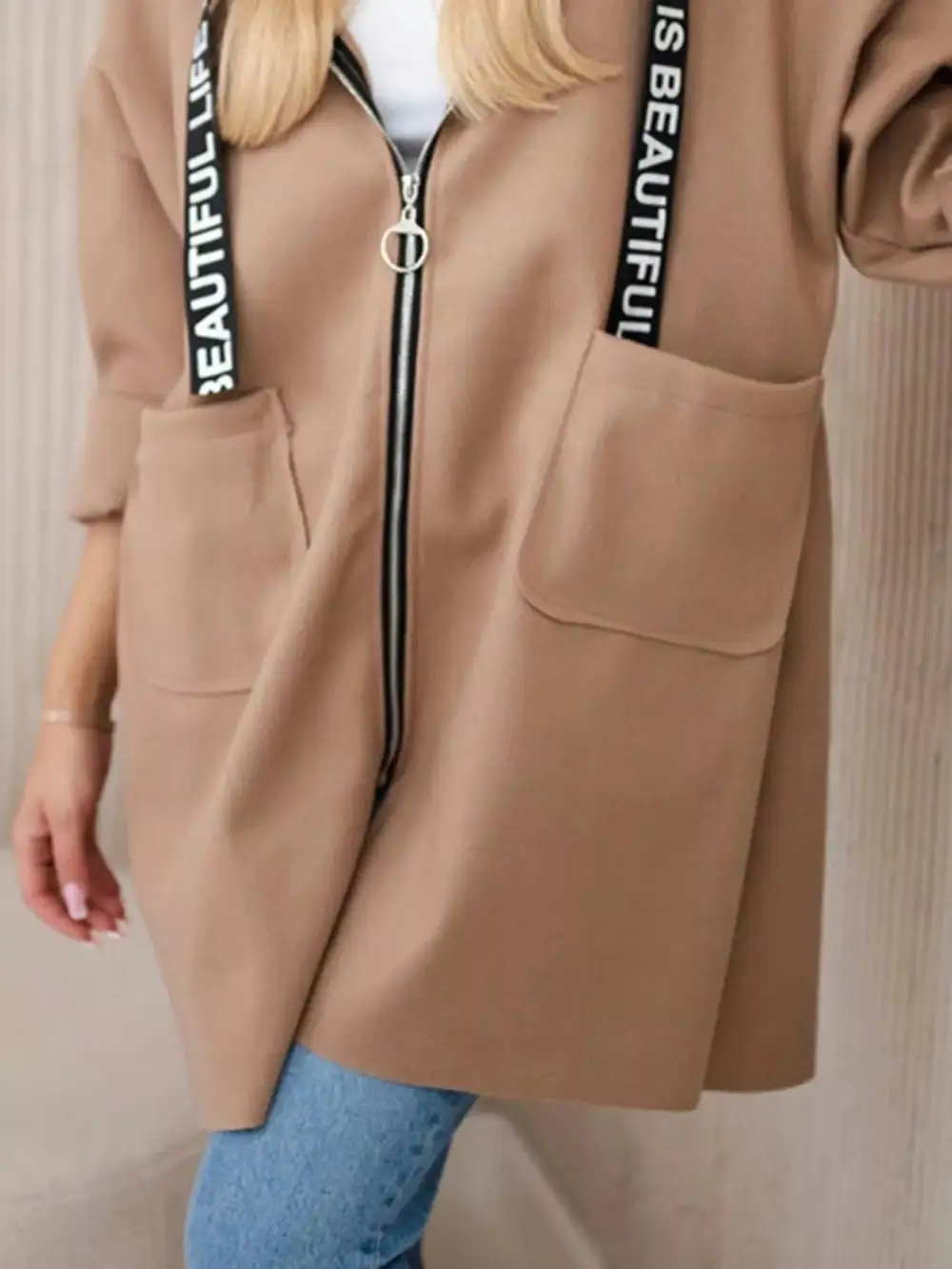 Full Size Hooded Zip-up Longline Outerwear Plus Size