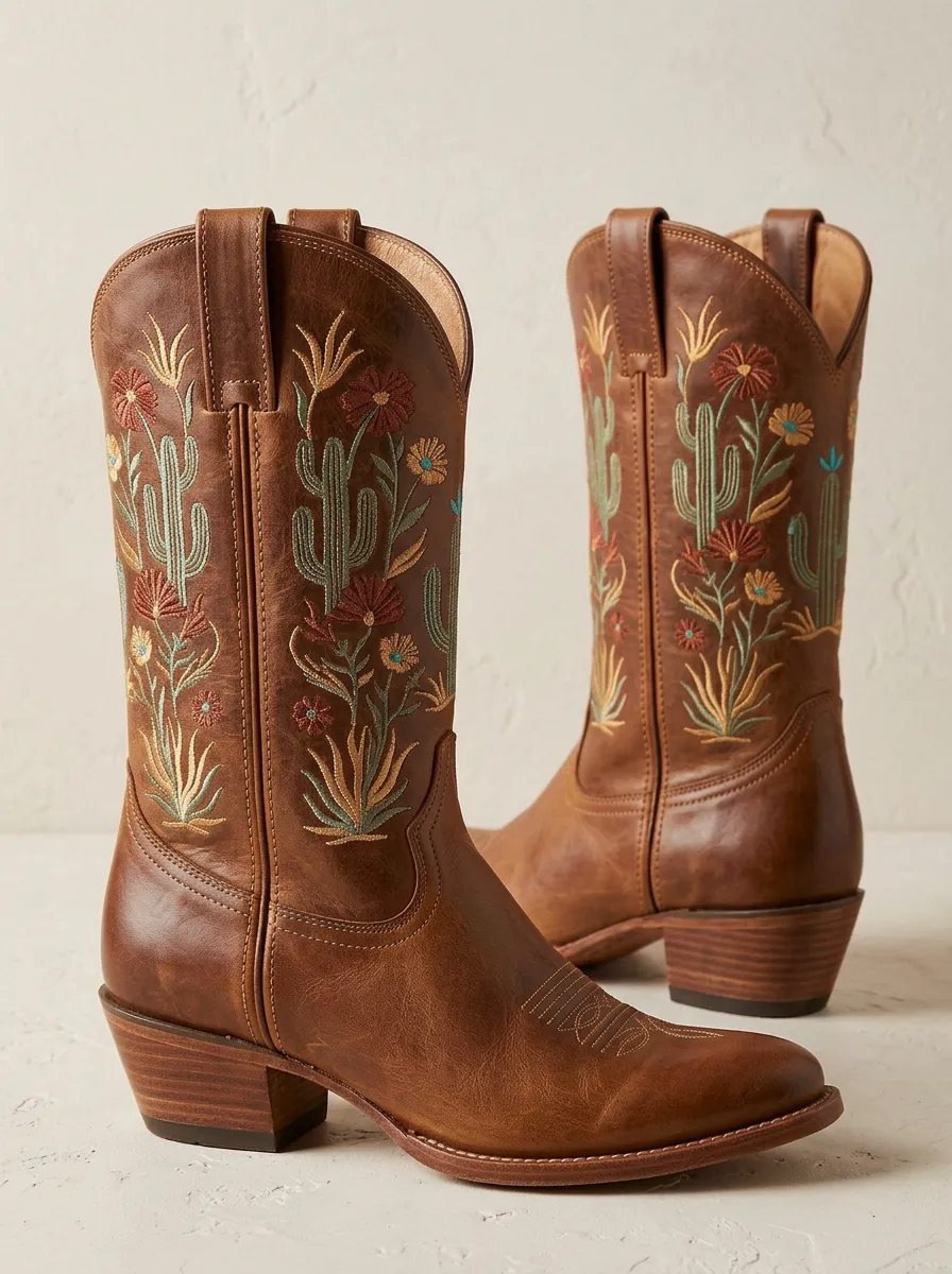 Canyon Cactus Floral Embroidered Style Unisex Western Cowboy Boots