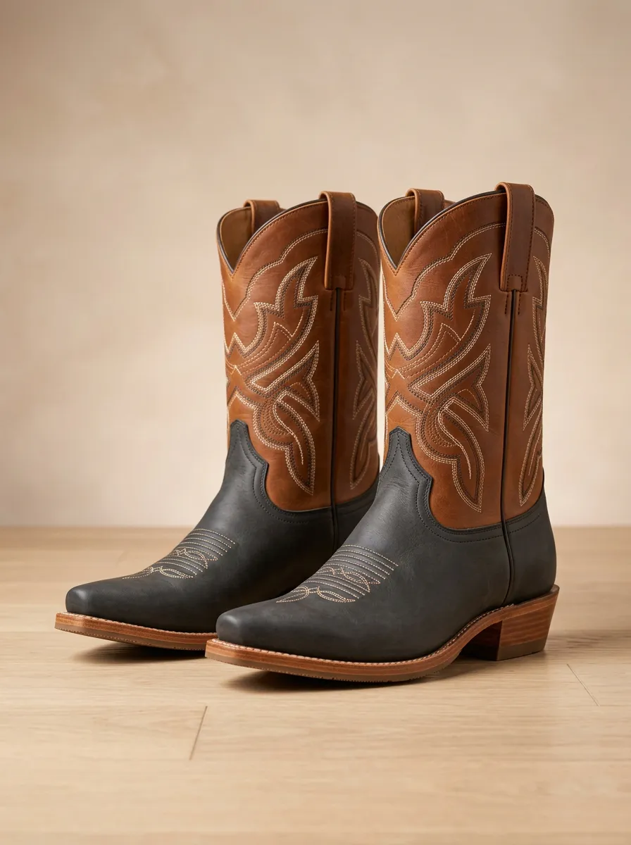 Men's Western Cowboy Two-Tone Embroidered Boots