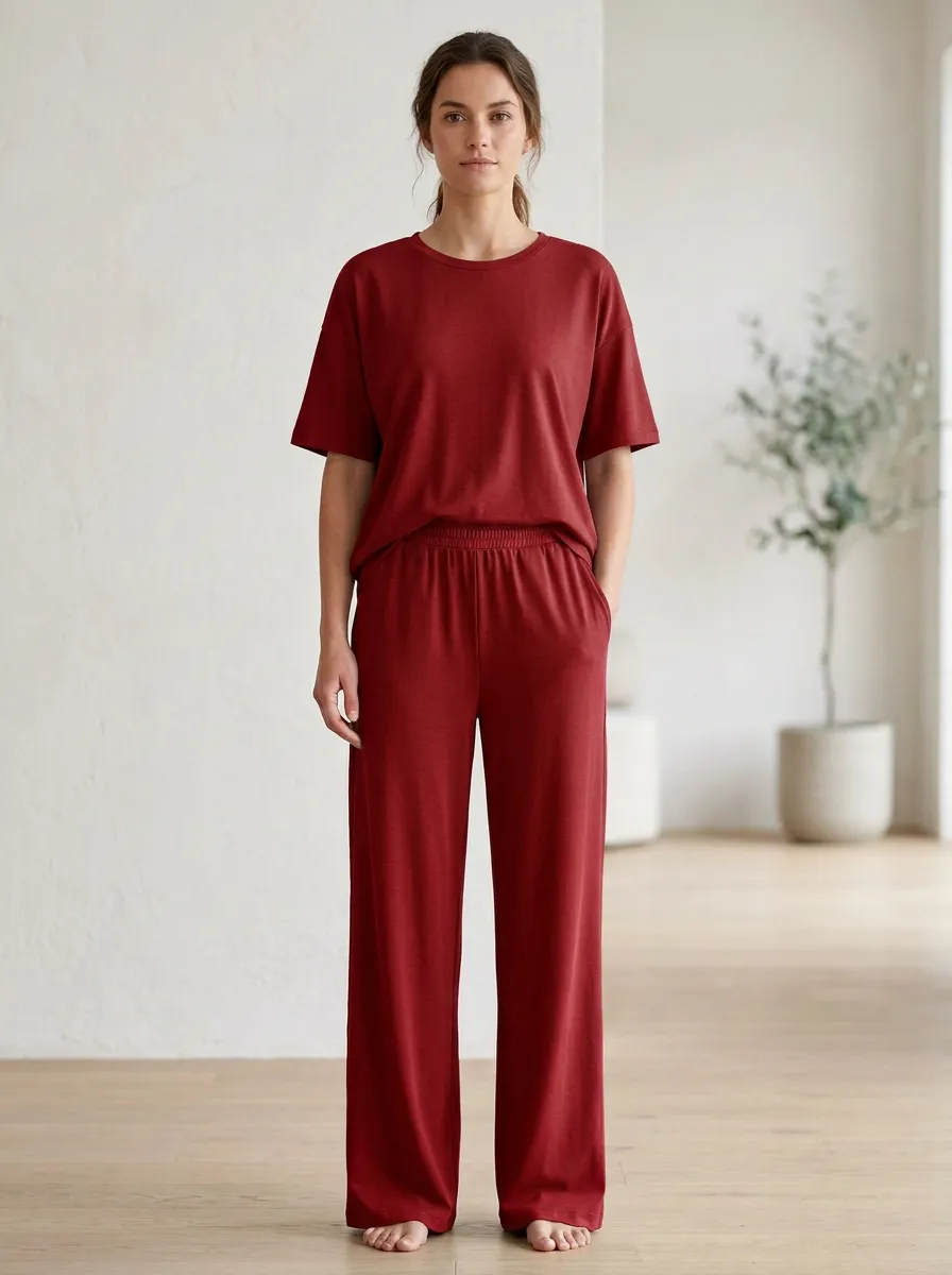 Women's Drop-Shoulder Crewneck Top And Pull-On Wide-Leg Trouser Lounge Set