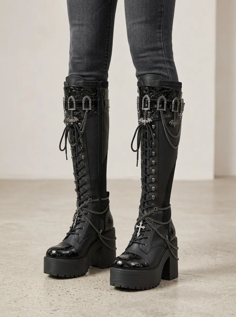 Dark Skull Bat Chain Dark Look Women's Gothic Platform Knee High Boots