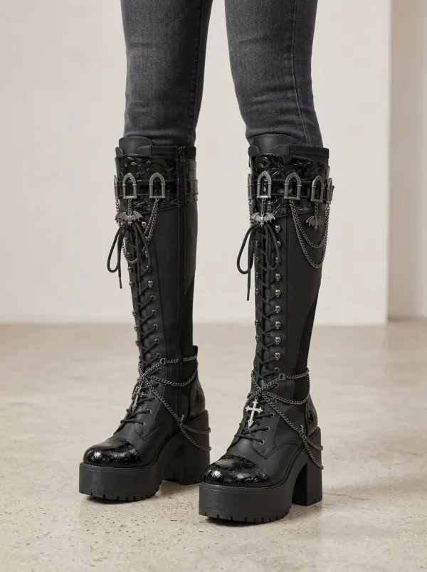 Dark Skull Bat Chain Dark Look Women's Gothic Platform Knee High Boots