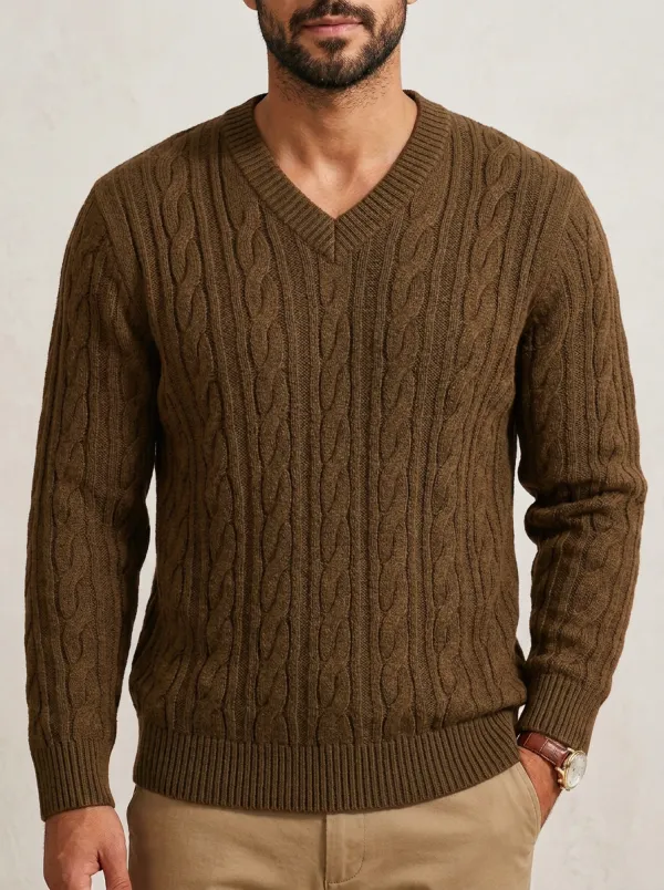 Men’s Ribbed Cable-Knit V-Neck Sweater