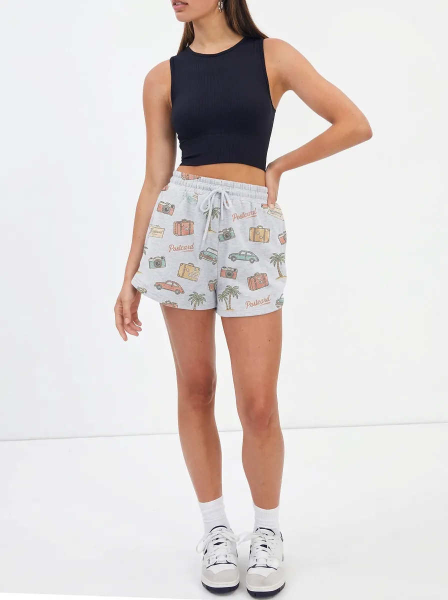 Women's Travel Vacation Postcard Car Palm Tree Graphic Shorts