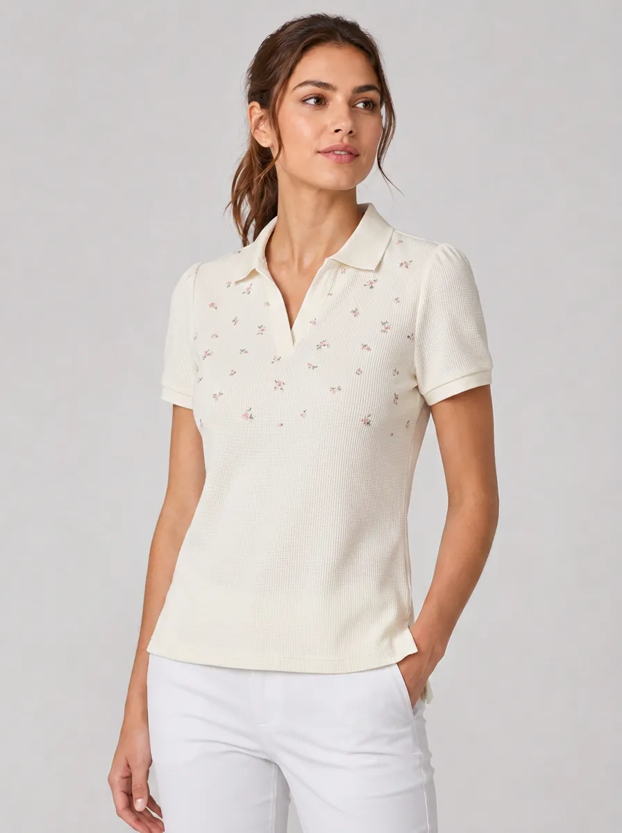 Women's Equestrian Lover Floral Waffle Printed Polo Shirt