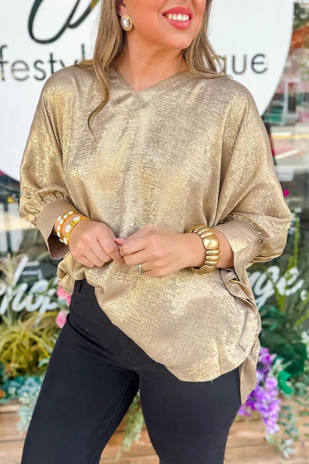 Women's V Neck Long Sleeve Metallic Detail Top