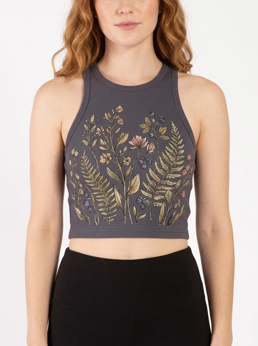 Women's Botanical Nature-Inspired Fern and Berry Printed Ribbed Crop Tank Top
