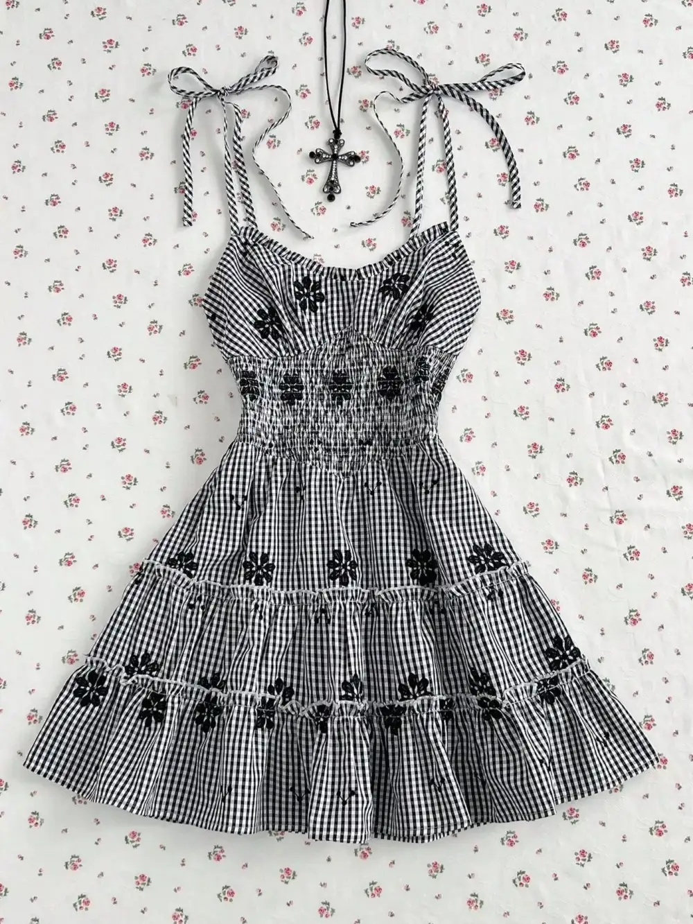 Gingham Floral Tiered Mini Dress