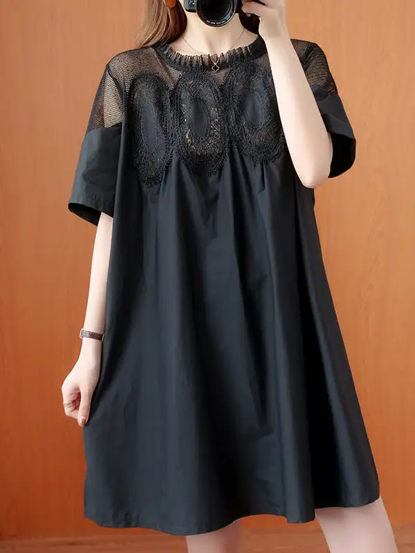 Original Solid Lace Split Side Short Sleeve A Line Mini Dress