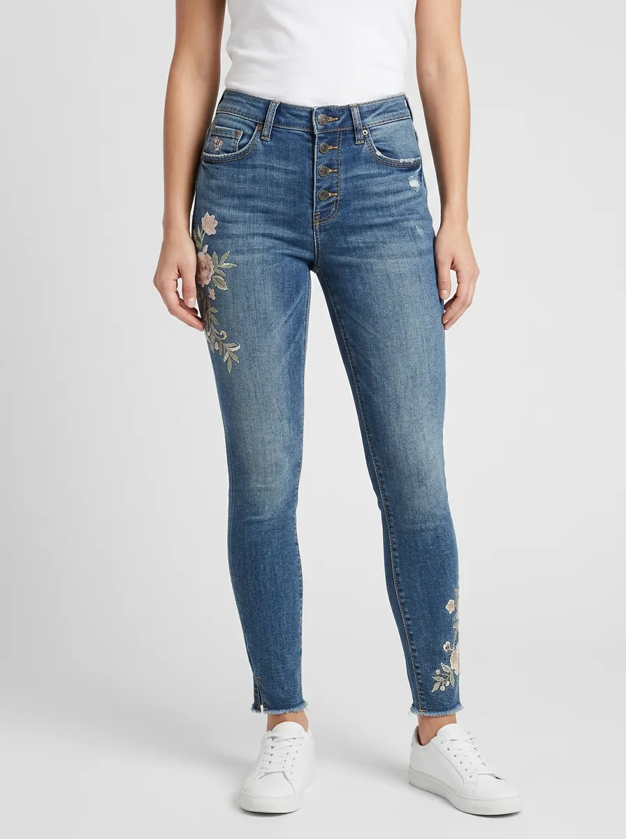 Women's Floral Embroidery High-Rise Button-Fly Printed Slim Jeans
