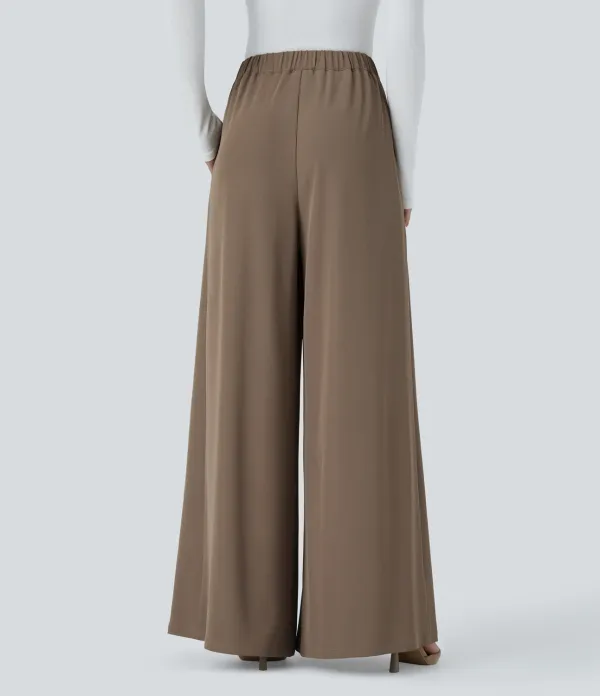 High Waisted Decorative Button Plicated Side Pocket Wide Leg Work Pants