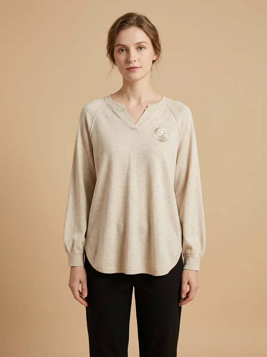 Women's Embroidered Notch-Neck Pullover