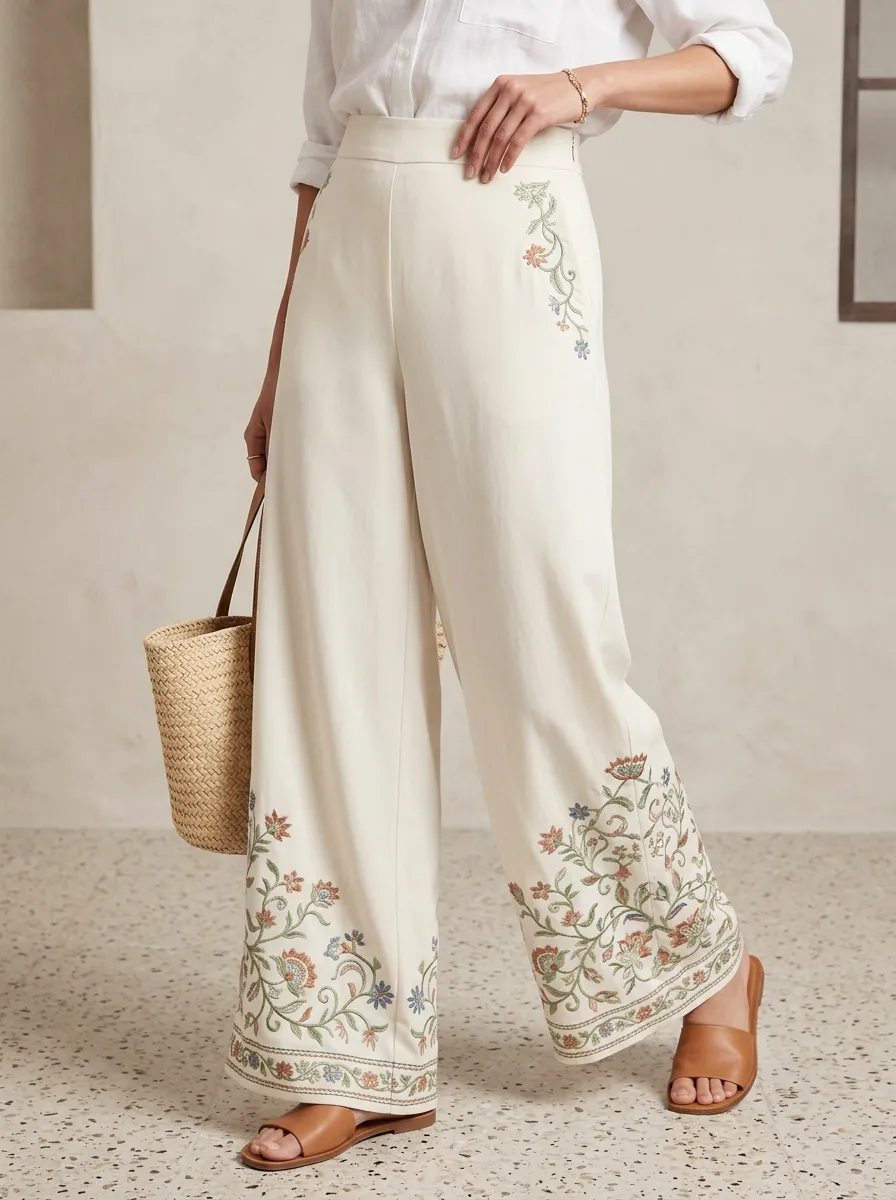 Women's Boho Floral Embroidered High-Waisted Wide-Leg Pants