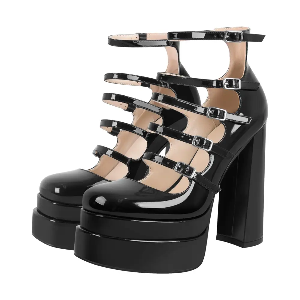 Square Toe Double Platform Chunky Heel Pumps