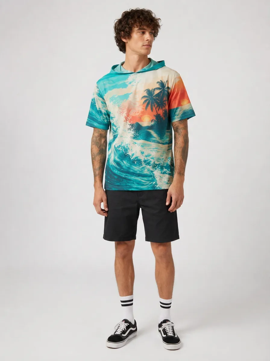 Men's Tropical Print Short Sleeve Hoodie with All-Over graphic print featuring ocean waves and palm trees