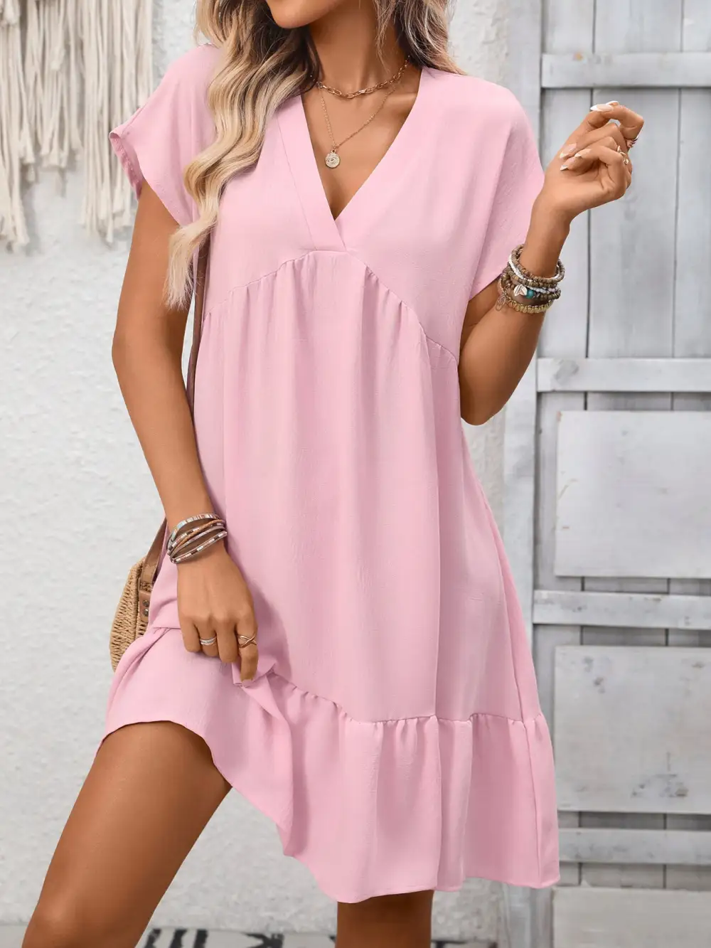Elegant V Neck Ruffle Mini Dress