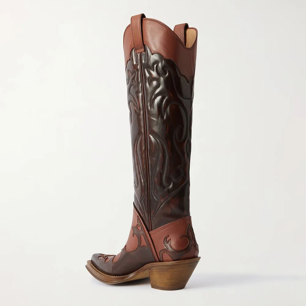 Faux-Leather Embroidered Patchwork Pointed-Toe Western Boots