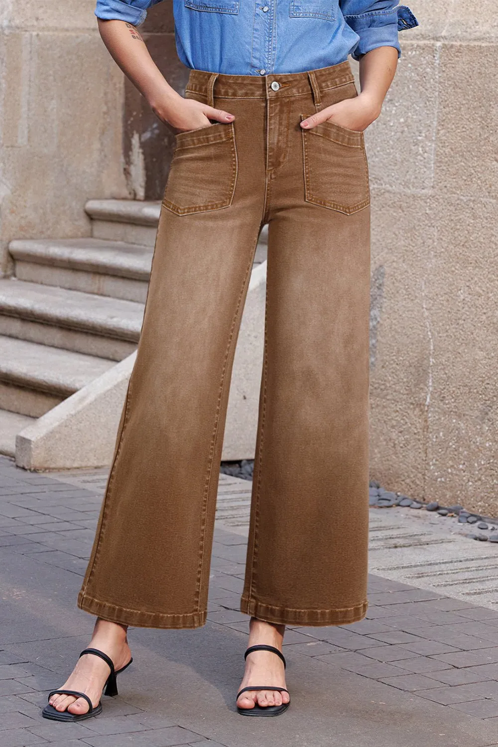 High Waist Patch Pocket Casual Jeans