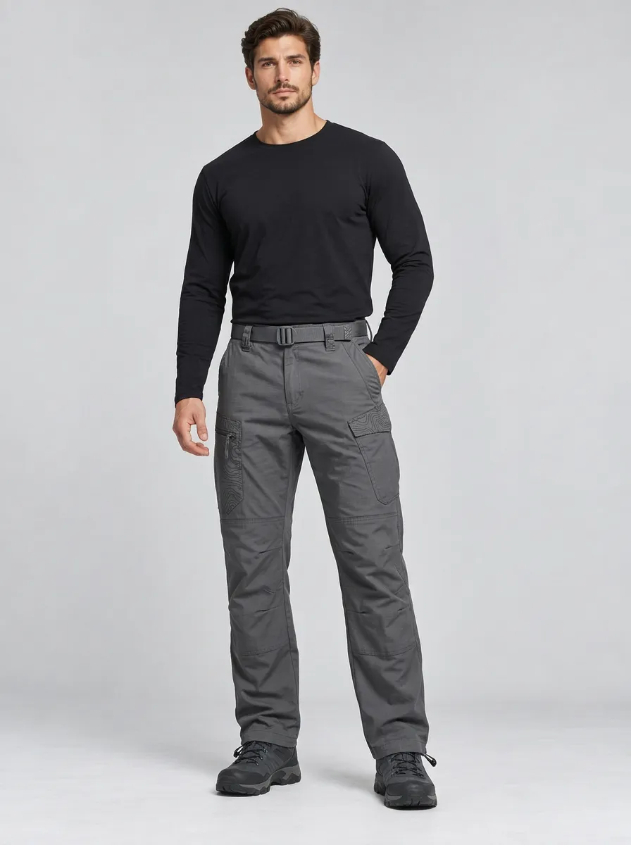 Men's Charcoal Grey Topographic Multi-Pocket Articulated Knee Tactical Cargo Pants