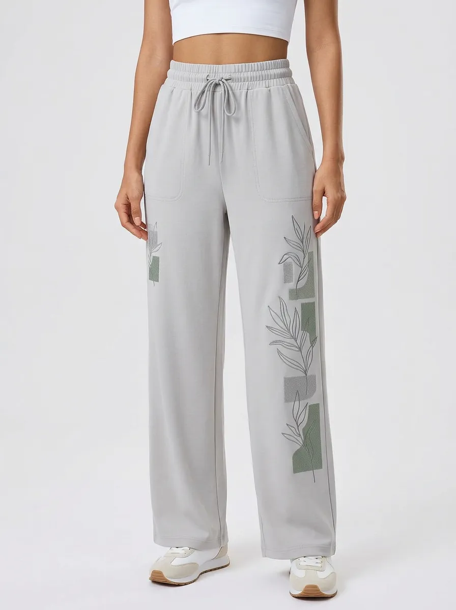 Women's Light Gray Botanical Print Wide-Leg Sweatpants