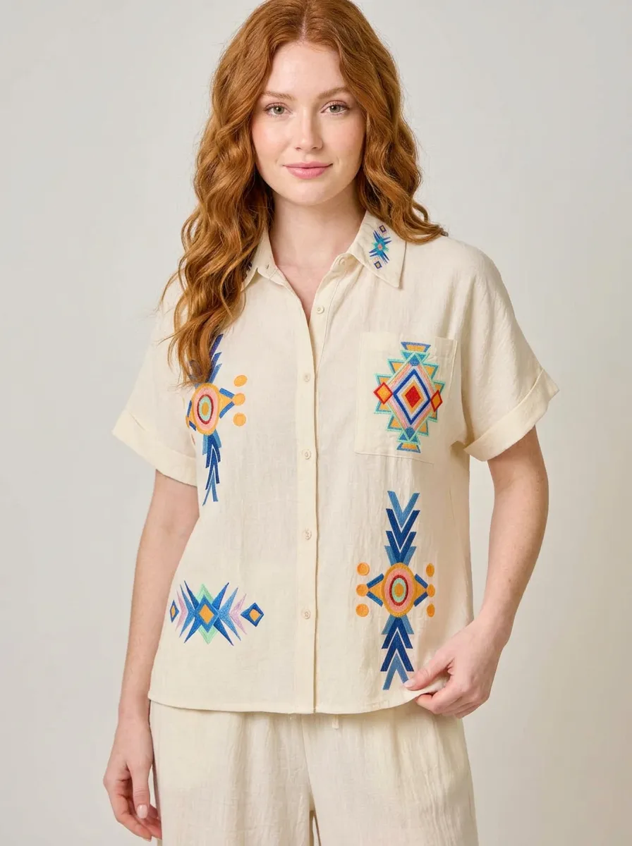 Women's Boho Geometric Pattern Embroidered Graphic Shirt