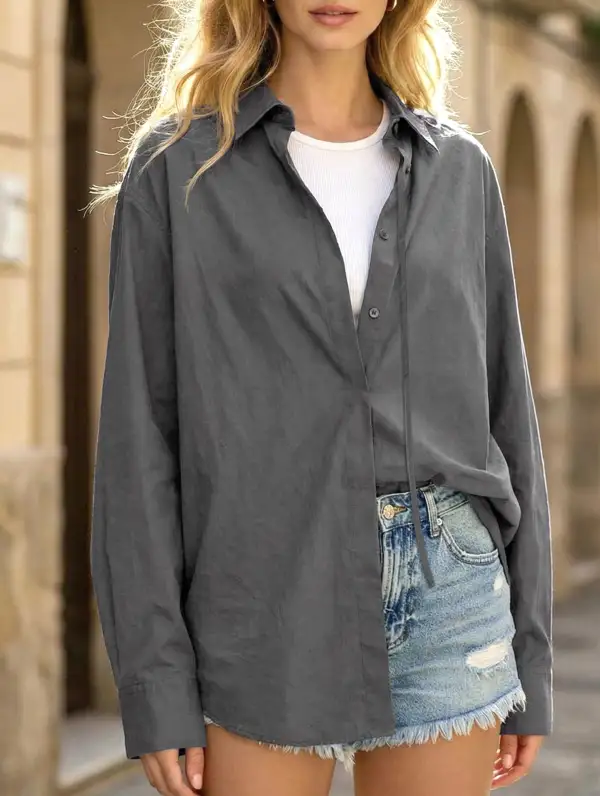 Cotton Lapel Long Sleeve Minimalist Top