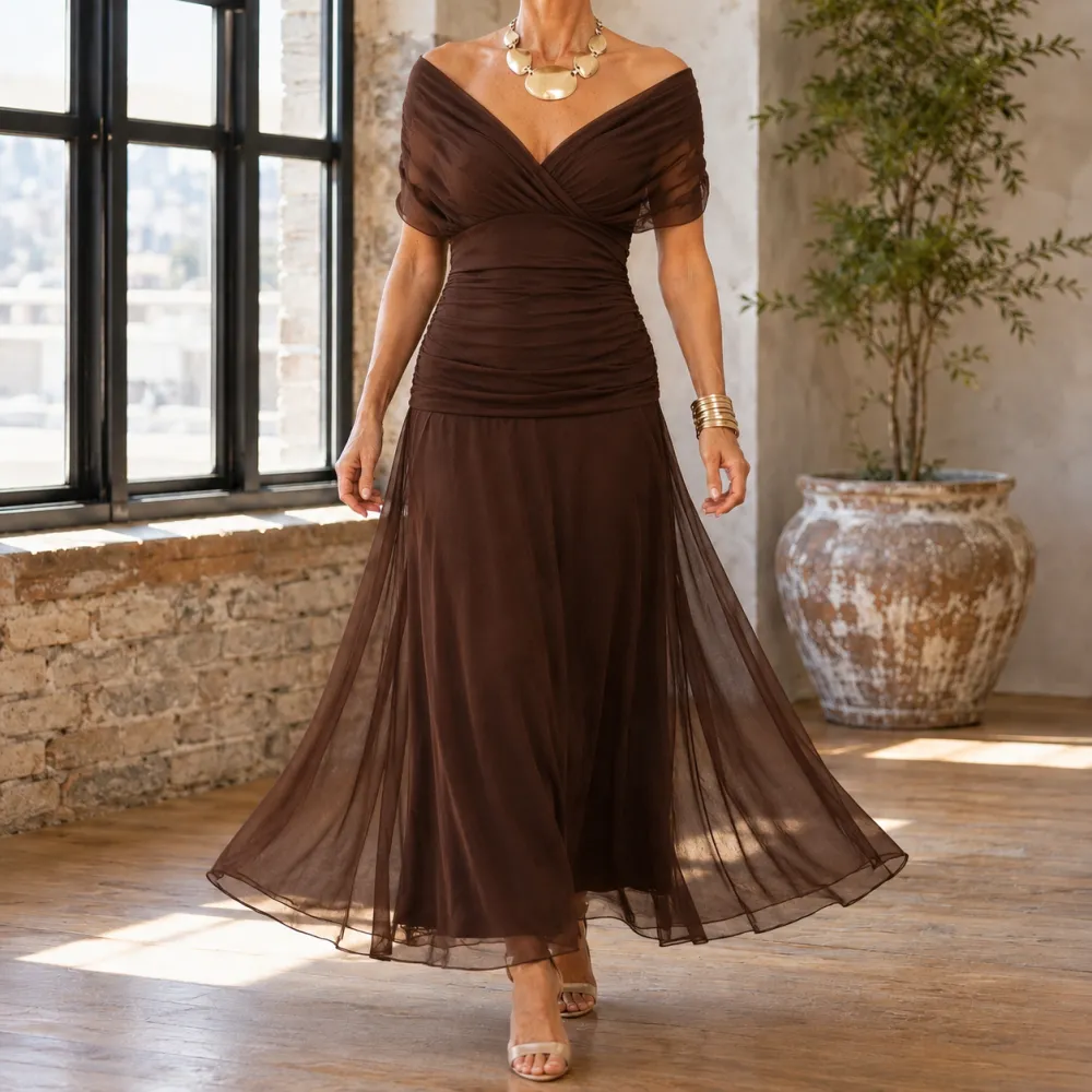 Draped Ruched Flowing Maxi Dress