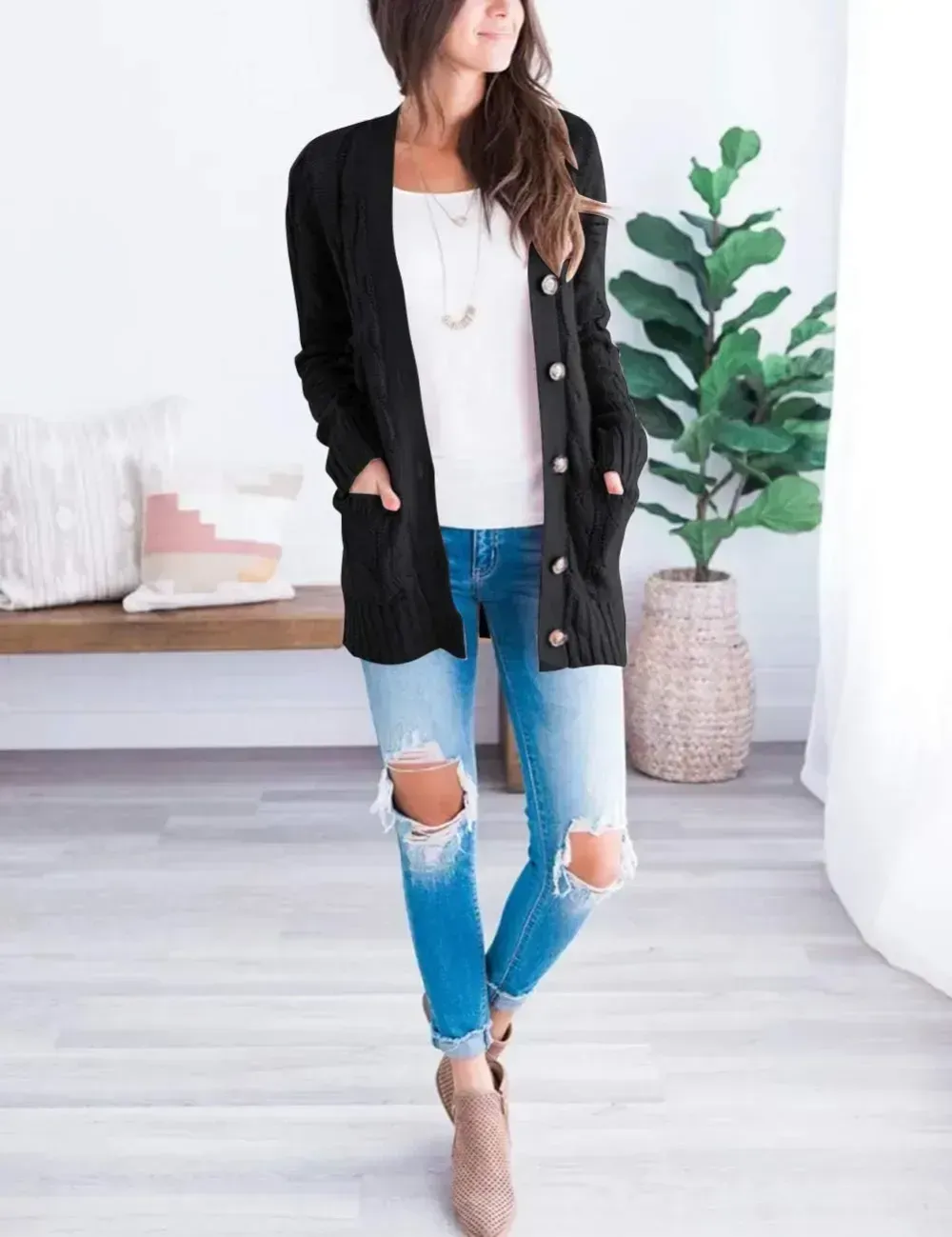 MEROKEETY Women's 2024 Fall Long Sleeve Cable Knit Sweater Open Front Cardigan Button Loose Outerwear