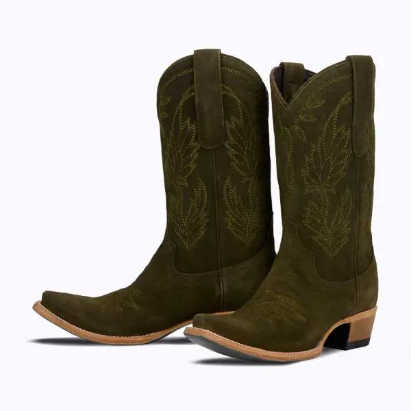 Modern Faux-Suede Embroidered Snip-Toe Chunky-Heel Mid-Calf Boots