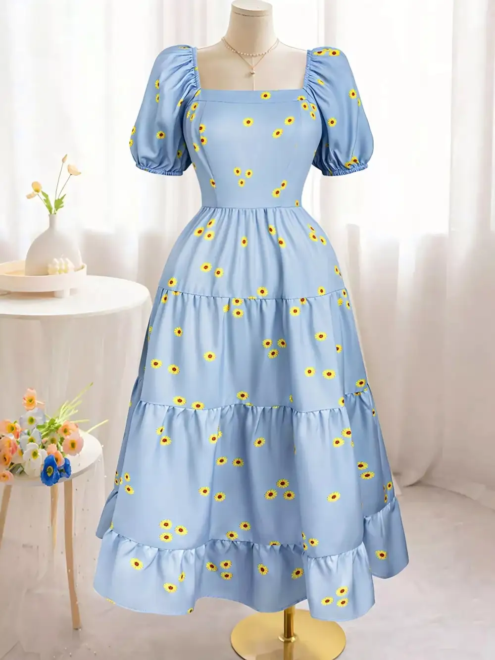 Printed Tiered Puff Sleeve Maxi Dress