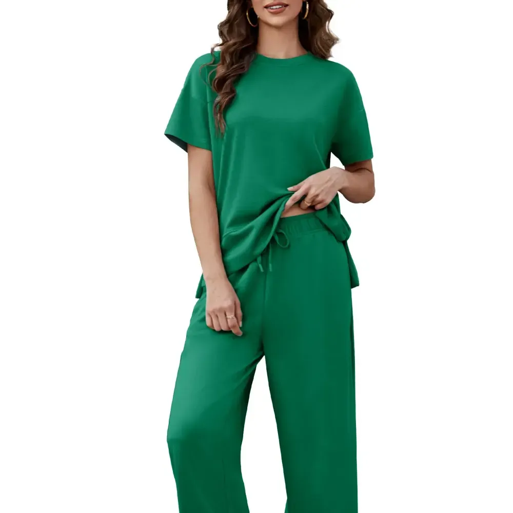 PINSPARK Women Summer Lounge Set with Short Sleeve Top & Wide Leg Pants